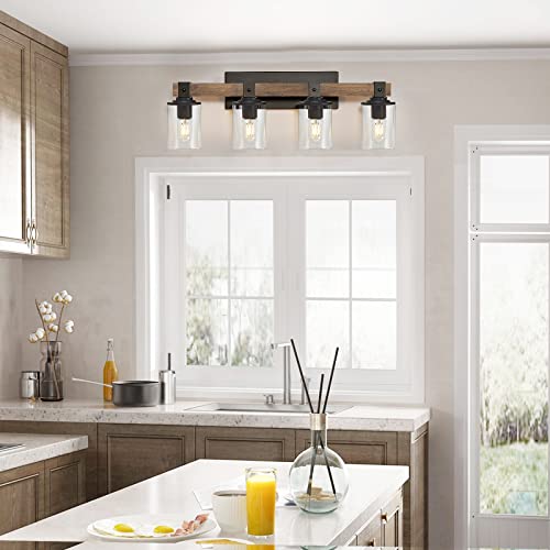 Drnanlit 4-Light Industrial Farmhouse Vanity Lights, Rustic Wood Bathroom Wall Light With Clear Glass, Modern Metal Wall Sconce For Bedroom, Kitchen, Hallway (4-Light, Antique Wood) #TOP7