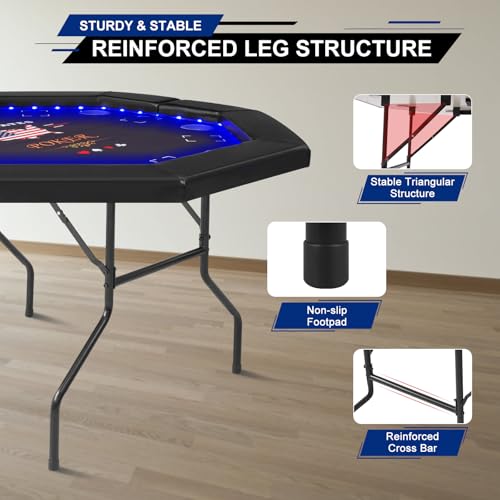 REAHOISY Foldable Poker Table with LED Lights, Octagon Casino Leisure Texas Holdem Table for 8 Player, Folding Blackjack Table w/Built-in LED Light, Padded Rails & Cup Holders for Home Game Room