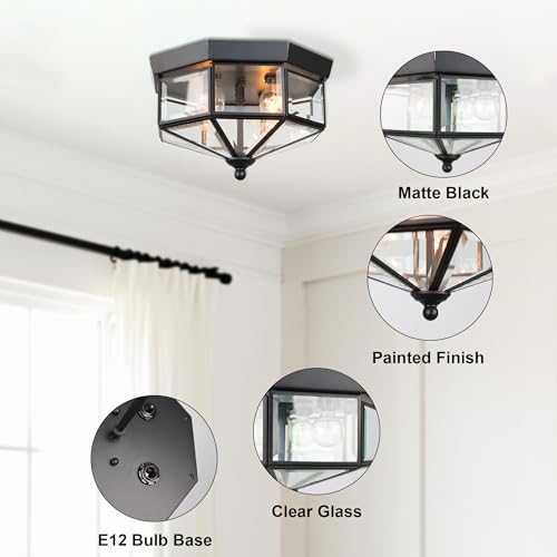 Flush Mount Outdoor Ceiling Light Fixture, 4 Light Exterior Porch Ceiling Lights with Clear Glass, Black Farmhouse Lighting for Indoor Hallway Kitchen Stairway (E12 Base)