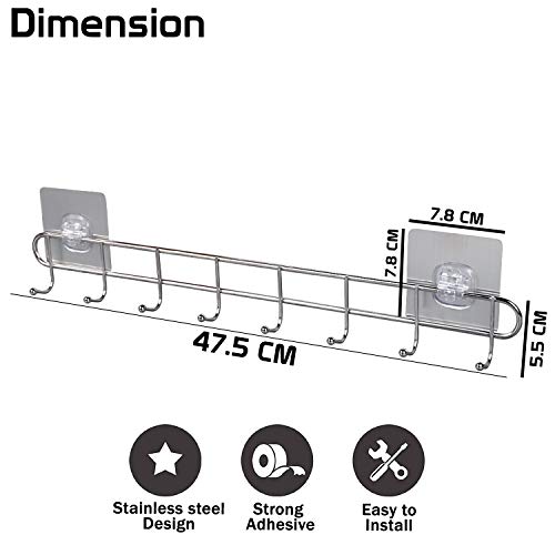 Image of HOKIPO Stainless Steel Self Adhesive 8 Hook Rail - 5KG Load Capacity (Model-AR3165).