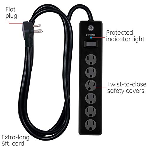 GE 6-Outlet Surge Protector, 6 Ft Extension Cord, Power Strip, 800 Joules, Flat Plug, Twist-to-Close Safety Covers, Protected Indicator Light, UL Listed, Black, 33661