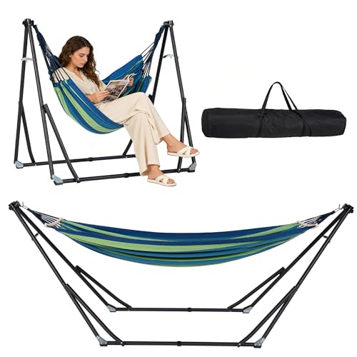 SogesPower Hamac 2-en-1 avec Support en Acier Pliable et Sac de Transport - Chaise Suspendue Portable pour extérieur, Jardin, Balcon, Camping et Appartement -...