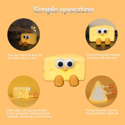 Image of Led Cute Cheese Night Light, Dimmable Nursery Kawaii Lamps, Super Squishy Silicone USB Rechargeable Touch Control Night Lamp for Kids Adults, Used for Camping Party Room Decor (Cheese)