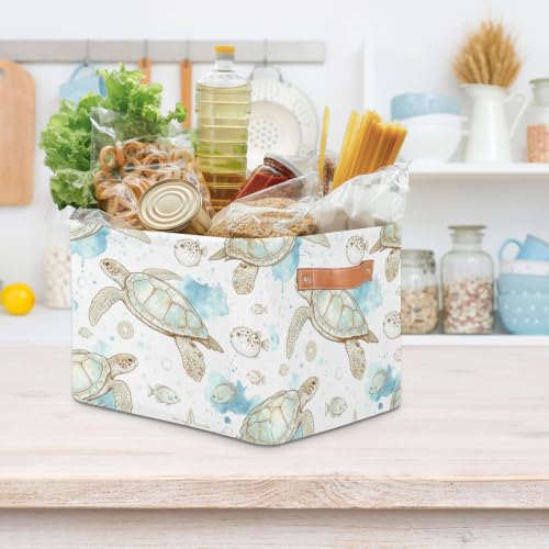 Image of Tropical Ocean Sea Animal Square Storage Basket, Fabric Storage Bin with Leather Handles Collapsible Storage Bin Nursery Hamper for Organizing Toys, Clothes, Books, Gift Baskets