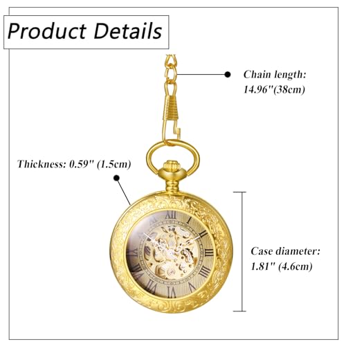 Image of JewelryWe Gold Mechanical Pocket Watch: Men Women Retro Analog Hand Mechanical Glass Carved Pocket Watch for Mother's Day