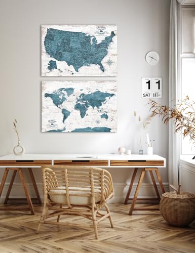 Image of IPIC - Vintage Teal World & USA Map Canvas Wall Art Set of 2, Push Pin Travel Maps to Track Your Travels, Rustic Style Canvas Wall Decor for Home, Office or RV, Ready to Hang