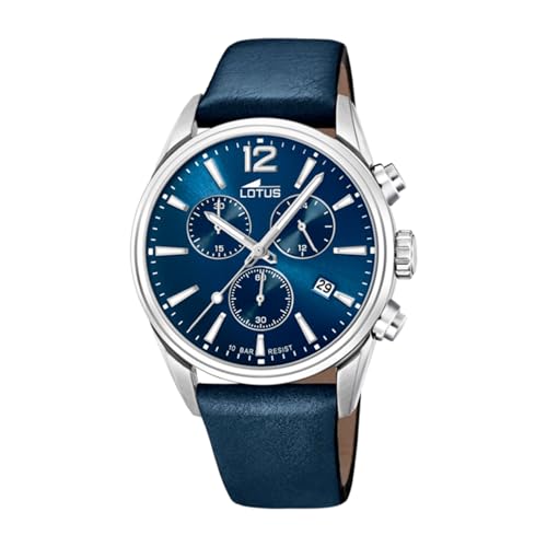 LOTUS Montre Homme Analogique Cuir Bleu - Quartz - Chronographe - Calendrier - Verre Minéral Résistant - Étanche 10 ATM Casual 18691/1 Chrono