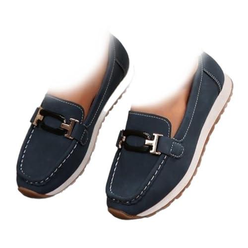 Mocasines Casuales con Suela Gruesa Y Parte Superior De Ante, Zapatos Ortopédicos Clásicos Y Cómodos De Ante para Mujer, Zapatos Planos Ligeros Sin Cordones para Caminar (Azul Oscuro,38)
