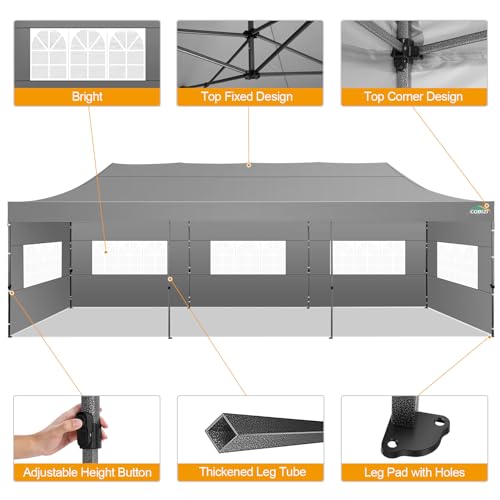 Image of COBIZI 10x30 Pop Up Canopy Tent with 8 Sidewalls,Heavy Duty Canopy,Gray