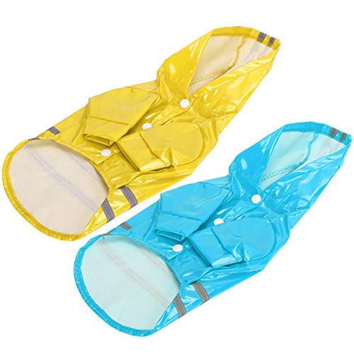 Qukaim Chubasquero impermeable para perros, 2 piezas, impermeable con capucha con rayas reflectantes de seguridad, amarillo y azul, talla L, ideal para perros, ligero y fácil de llevar