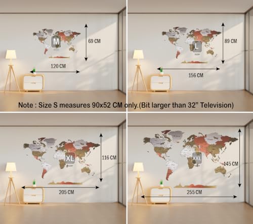 Image of ELK 3D Wooden World Map Wall Decor with Country Names, Capitals & States | Premium Multilayer Laser Cut Wall Art | Easy DIY Installation | Travel Theme Home Decor for Living Room, Office | Size XL : 205x116 CM
