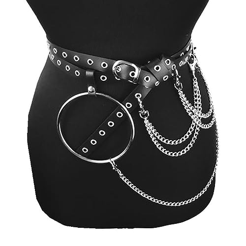 Women's Punk Rocker Black Leather Body Chain Belt with Metal Chains Tassel Adjustable Waist Buckles Gothic Garter Harness