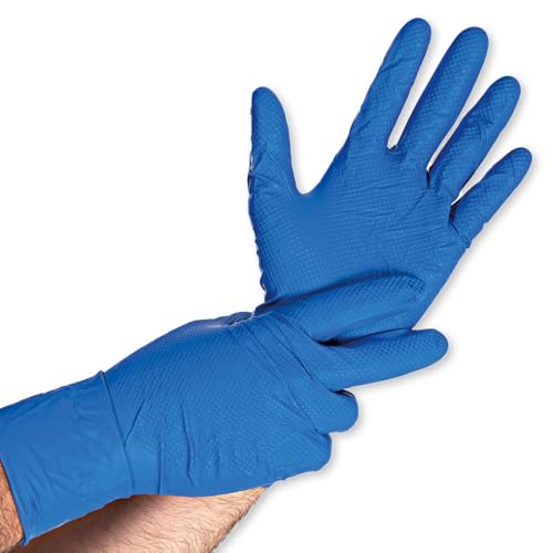 FRANZ MENSCH 50 unidades de guantes de nitrilo Power Grip Long Extra | sin polvo, azul, 9/L, L: 30 cm, guantes desechables, guantes de gastronomía, guantes industriales, guantes de montaje