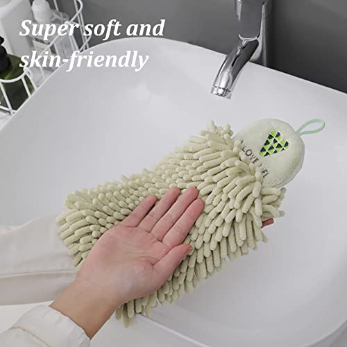 4 Pack Chenille Hand Towel With Hanging Loops, Soft Absorbent Microfiber Embroidery Hanging Hand Towels Plush Quick-Drying Chenille Ball Hand Towels For Bathroom Kitchen (Light Green + Beige) #TOP4