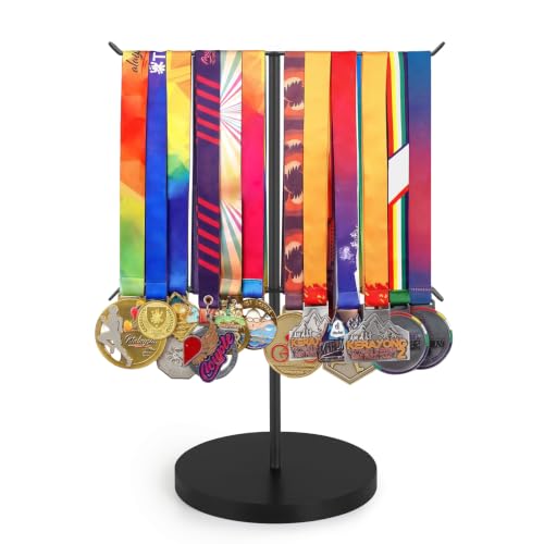 Image of Mkono Medal Hanger Display, Metal Medal Holder, Race Award Medals Display Stand for Running, Sports, Marathon, Wrestling, Taekwondo, Wood and Iron Material, 12x16 Inches (Black)