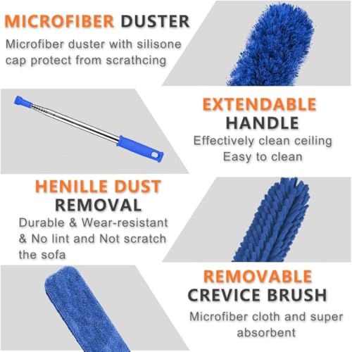Image of TEKCOOL 3 in 1 Microfiber Feather Duster, 4PCS Washable Cobweb Dusters for Cleaning Kit with 100 inch Extension Long Pole, Bendable Telescopic Duster for High Ceiling Fan, Blinds, Furniture - milhome,