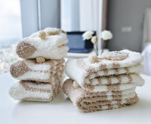 Image of 5 Pairs Fuzzy Socks for Women, Winter Thickening Coral Velvet Cozy Socks, Warm Home Sleeping Socks, Cute Animal Slipper Socks