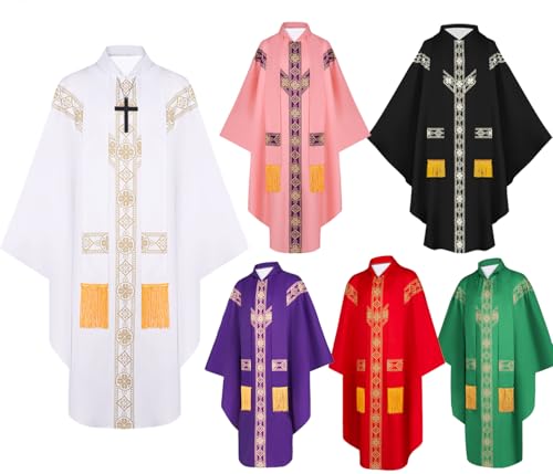 [Martosa] 神父 司祭 コスプレ ハロウィン 衣装 聖職者 牧師 ローブ ストール 大人用 長袖 メンズ 修道士 仮装 カトリック 男性 教会父 教皇 宣教師 典礼 礼拝 ミサ用 演奏会 発表会 (白)