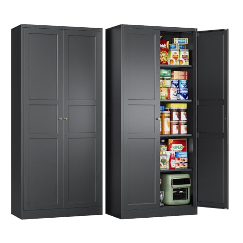 Image of Letaya Black Storage Cabinet with Adjustable Shelves-Metal Home Kitchen Pantry Cabinets with Doors,Organization Locker for Cupboard /Bedroom /Dining /Living /Bathroom /Office /Garage Room