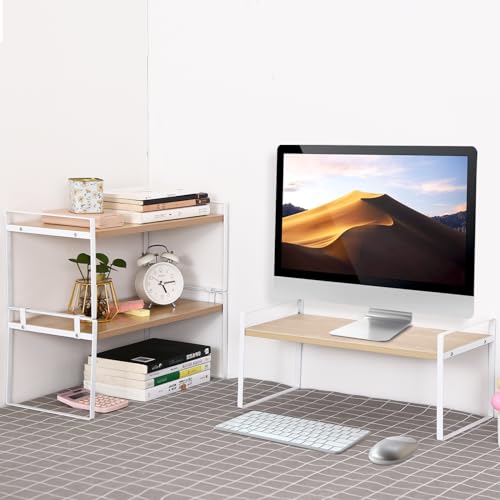 Image of YGYQZ Wood Office Desk Shelf Organizer - Desktop Supplies Cute Dresser Top Organization Storage Rack and Cubicle Decor Aesthetic Bookshelf for Women Man and Kids (White Wood-Single Tier)