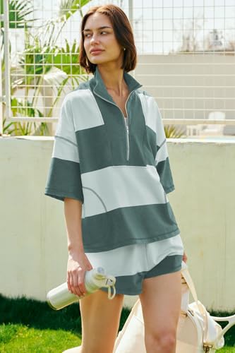 ReachMe Womens Workout Striped Short Sets 2 Piece Outfits Summer Matching Lounge Sets Top and Shorts with Pockets2