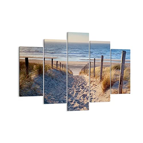 Moderne Impression sur Toile 150x100cm Image Tableau Decoration Murale mer plage dune Grand Tableaux Decoratifs Muraux Chambre Triptyque 5 parties Deco Cadre Décoration...