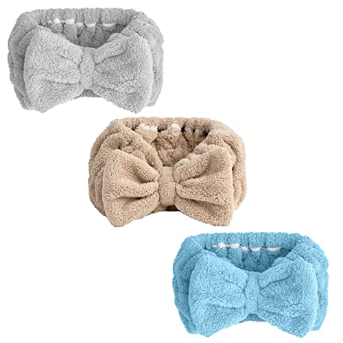 Makeup Headband, 3 Pack Skincare Headbands for Girls Women, Facial Soft Coral Fleece Microfiber Bowtie Head Bands for Spa Yoga Shower Washing Face (Blue+Camel+Grey)