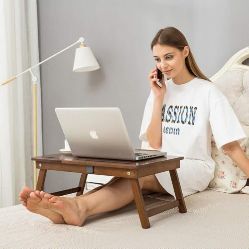 Image of WOOYNEX Wooden Laptop Table Standard Adjustable Study Table with Laptop, Portable Lap Desk, Multifunctional Bed Table with Drawer and Folding Legs (Walnut)