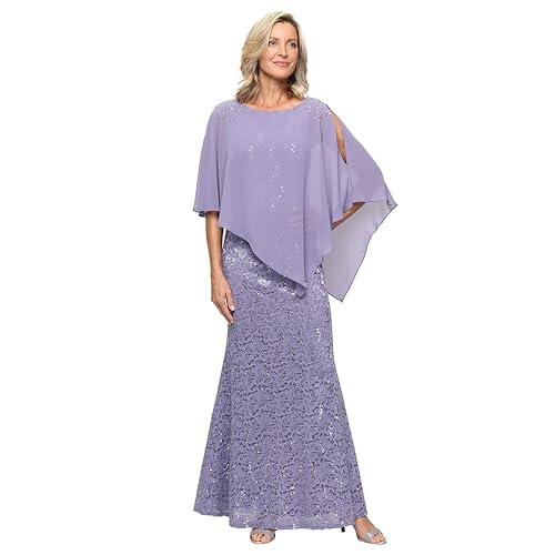 Image of S.L. Fashions Women's Long Sequin Lace Beaded Capelet Overlay Mother of The Bride Dress, Formal Evening Gown