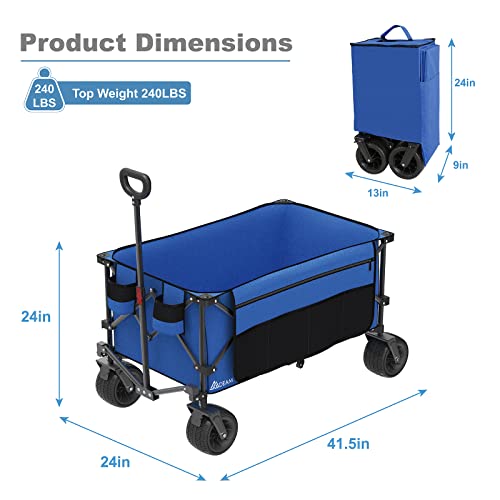 Mdeam Folding Collapsible Wagon,Large Capacity Outdoor Wagons Carts Heavy Duty Foldable Utility With Big All-Terrain Wheels &2 Side Pocket For Camping,Sports(Blue) #TOP6