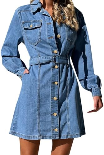 white christmas dresses Zilcremo Women Denim Shirt Dresses Short Sleeve Distressed Jean Dress  Button Down Casual Tunic Tops Blue S main image 1