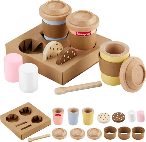 Fisher-Price Wood Pretend Play Toy Coffee to Go Café Set, 15-Piece Wooden Playset with Cups & Food for Preschool Kids Ages 3+ Years ​