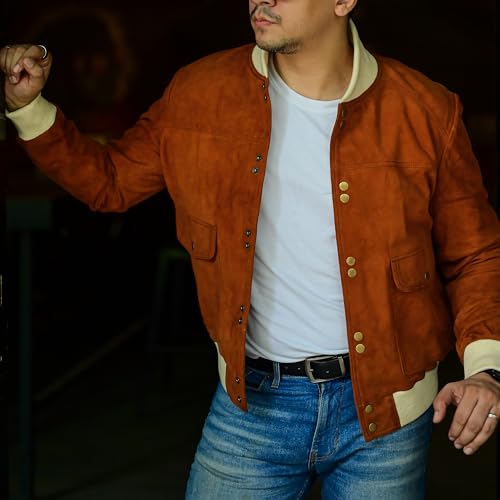 Image of Jild Varsity Style Leather Bomber Jacket Men - Casual Fashion Real Suede Classic MA-1 Leather Jacket Men