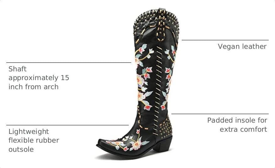 Image of YIYA Women's Star Cowboy Boots Black and White Cowgirl Boots with White Stars Pointed Toe Chunky Low Heel Pull-On Wide Calf Western Embroidered Boots