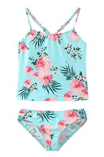 Image of HowJoJo Girls Two Piece Tankini Swimsuit Green Floral Bathing Suit Swimwear