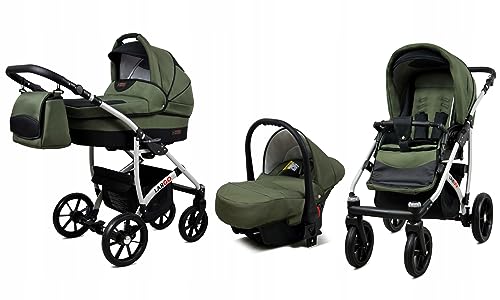BabyLux® Kinderwagen Set 3 in 1 - Largo - incl. Babywanne, Buggy Sportsitz, Auto-Babyschale - Autositz - Kinderwagenset - Kombikinderwagen mit Wickeltasche, Regenschutz usw.