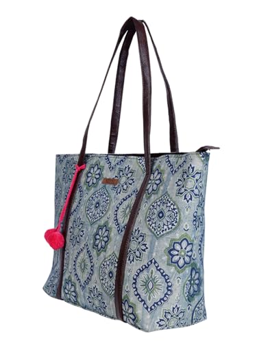 Image of NEPRI Oversized Office Tote Bag | Stylish Tote Bags | Purse for Women | Vegan Leather & Hanblock Printed Fabric Handbag with Double Handle Shoulder Strap| Daily & Travel Use