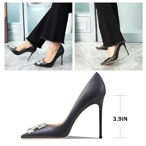 Image of Women's Pointed Toe Shallow Mouth Sexy Square Buckle Rhinestones 10cm Stiletto Heels Slip-on Wedding Party Banquet Big Size Shoes
