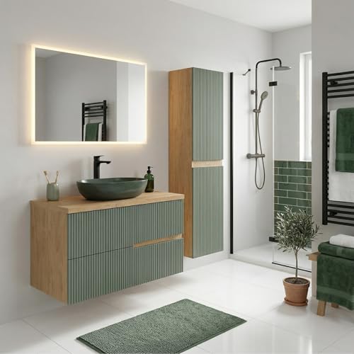 SANIVERRE Ensemble Meuble Vasque à Poser L.80cm + 1 Colonne Suspendu Chêne Naturel 2 tiroirs Vert...
