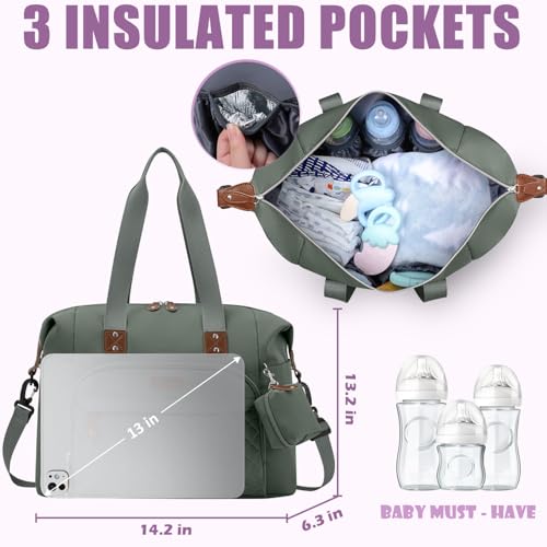Image of Tuwubi Diaper Bag Tote,Baby Diaper Bag with Pacifier Case Large Travel Diaper Tote Caddy for Mom and Dad Multifunction Baby Bag - M-Olive Green