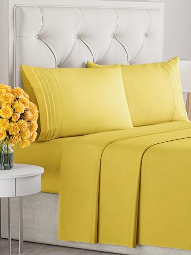 Image of Queen Size 4 Piece Sheet Set - Ultra Soft & Cooling Bed Sheets - Mustard | Fits 8 Inch to 16 inch Mattress, Wrinkle Free & Fade Resistant with Deep Pockets, Breathable, Comfy Hotel Luxury Bedding