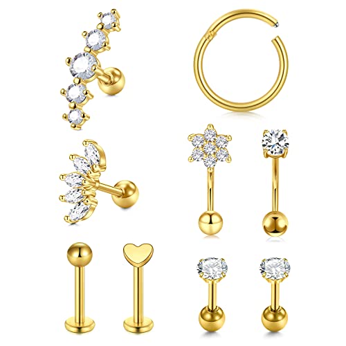 AVYRING 9 Pièces 16G Acier Chirurgical Piercing Oreille Tragus pour Femme Homme Piercing Helix Cartilage Labret Stud Piercing Conch Daith-Or Cover