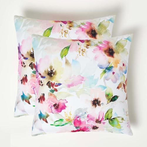 Homescapes 2er-Set Outdoor Kissen Aquarell-Blumen, Bunte Gartenkissen 45x45 cm, Blumenkissen für Terrasse & Balkon