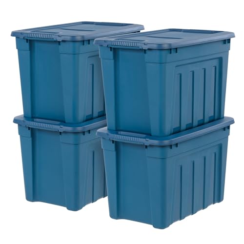 IRIS USA 20 Gallon Eco-Friendly Heavy Duty Storage Totes with Easy-Grip Handles, 4 Pack – Large Bins with Lids Garage Organizing Tubs, Durable Stackable Utility Containers, Made in USA – Navy