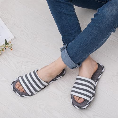 Image of Women's House Slippers Open Toe, Soft Knit Striped Bedroom Slippers with Cushioned Footbed, Non-Slip Sole for Indoor Home Use