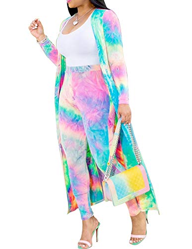 Women 2 Piece Outfit Floral Long Sleeve Open Front Kimono Cardigan Bodycon High Waisted Long Pants Clubwear Pink M