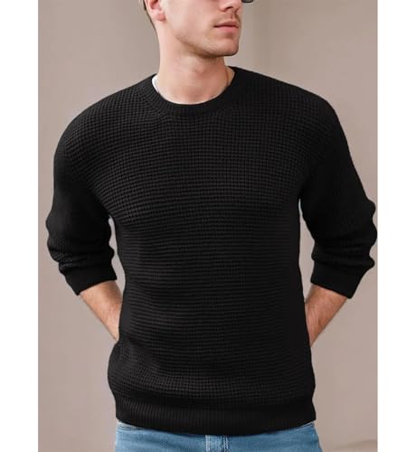 Crewneck Waffle Texture Mens Long Sleeve Knit Sweater Casual Fashion Comfortable Top Warm3