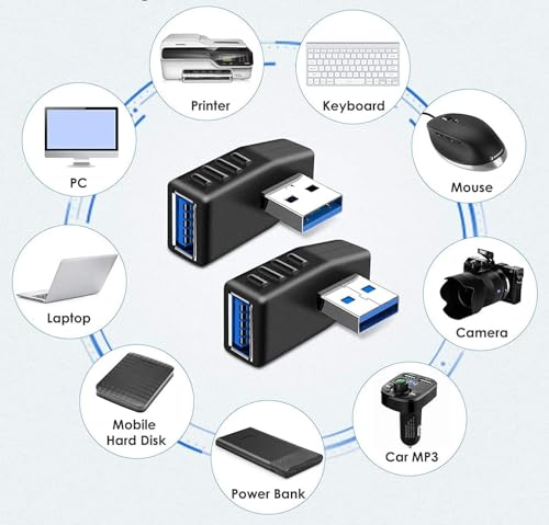 Image of [ 2 Pieces USB 3.0 Adapter 90 Degree Left Angle and Right Angle Coupler Connector, Male to Female USB Cable Extender Connector for Computer, Laptop, Desktop
