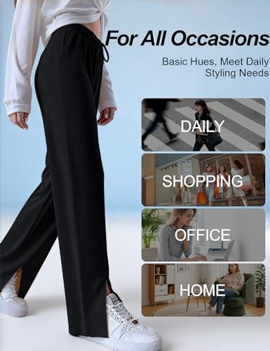 Image of Venzina Track Pants for Women Joggers Pants for Women Cool Touch High Waisted Wide Leg Summer Palazzo Pants with Side Slit Slimming Breathable for Yoga Workout Travel