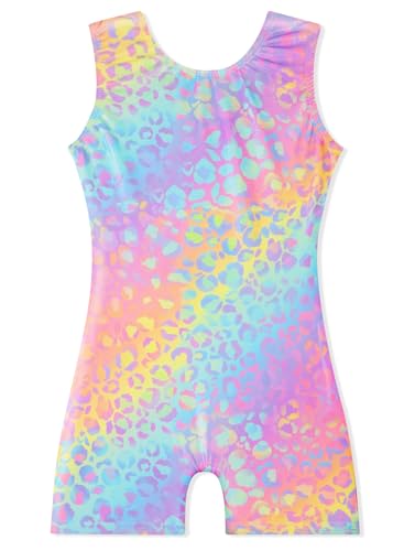 Image of EQSJIU Gymnastics Leotards for Girls Kids Rainbow Mosaic Mermaid Butterfly Stars Leopard Galaxy Tie Dye Cosmos Leopard